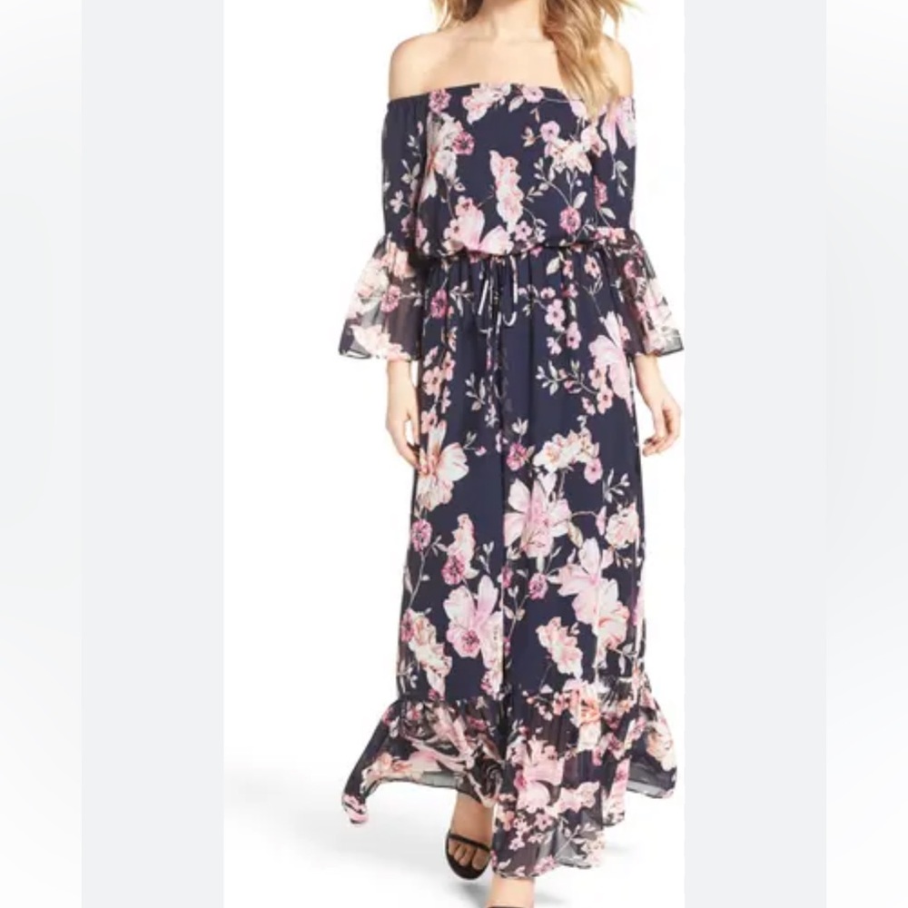 Elisa J bohemian floral off the shoulder maxi dress navy size 18